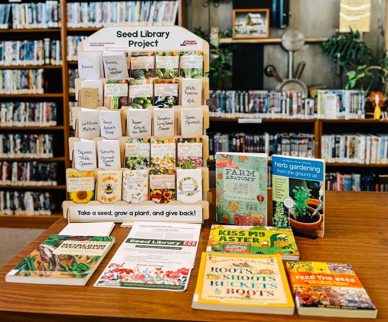 Seed library display with table with books